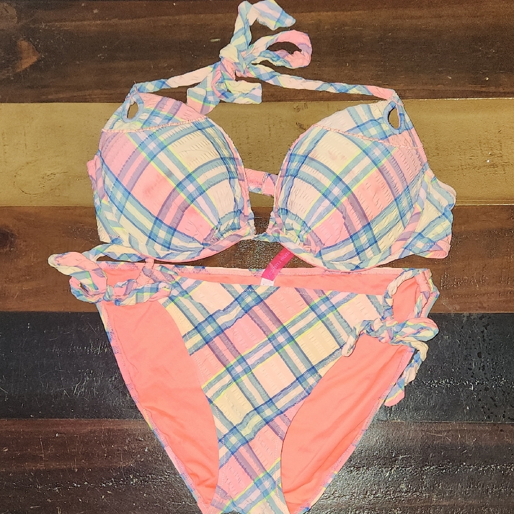 Victoria's Secret Plaid Bikini - Pink and Blue Lg Bottoms 36C Top